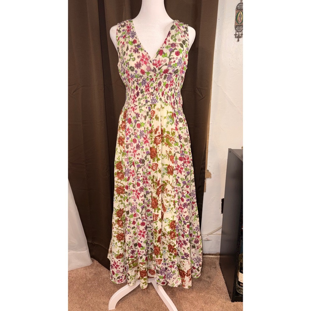 Hannah Floral Maxi Dress Cottagecore Boho Smocked Cotton Sleeveless Small